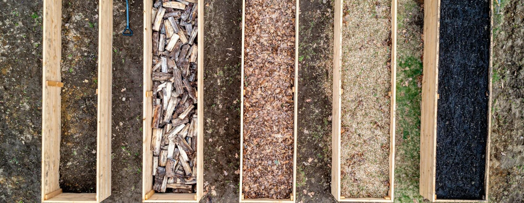 wooden containers with wood chips sawdust firewood and charcoal