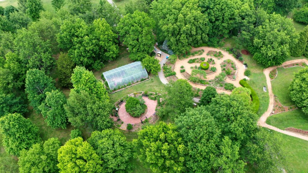 Aerial view of the Roston Butterfly House, Windrider Garden and Wildflower Garden at the Springfield Botanical Gardens